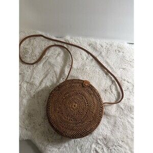 Bag Crossbody Retro Circle Bag Round Woven Straw Reed Ratan Brown Boho EUC